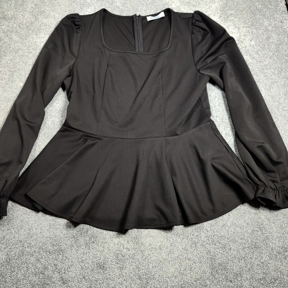 Jasambac Black Square Neck Peplum Long Sleeve Top Women Size L